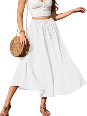zeagoo White Flowy Maxi Skirt with Elastic Drawstring Waist